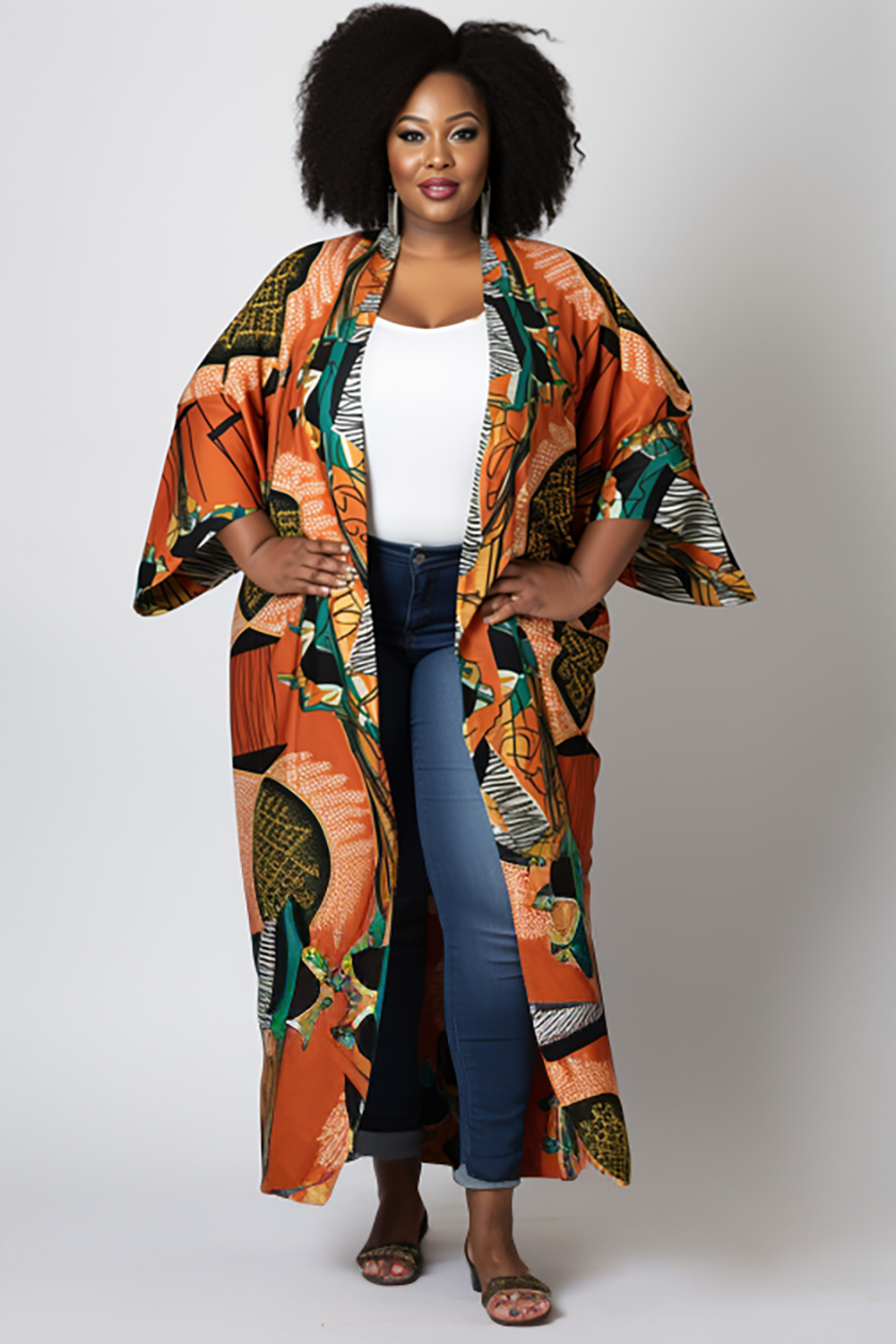 Design Plus Size Daily Casual Orange Ankara Spring Summer 3/4 Sleeve Cardigans [Pre-Order]