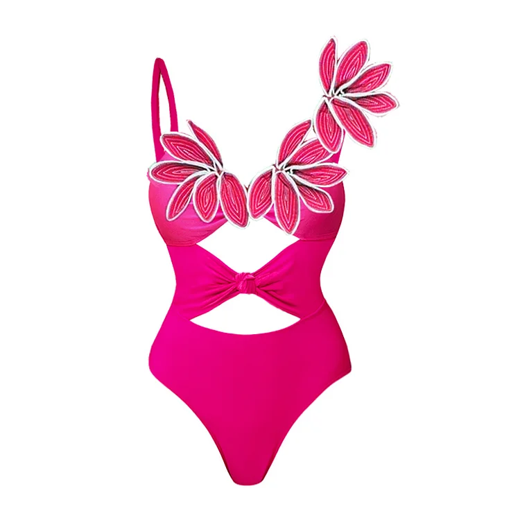 3D Flower Hot Pink Cutout One Piece Swimsuit and Skirt Flaxmaker