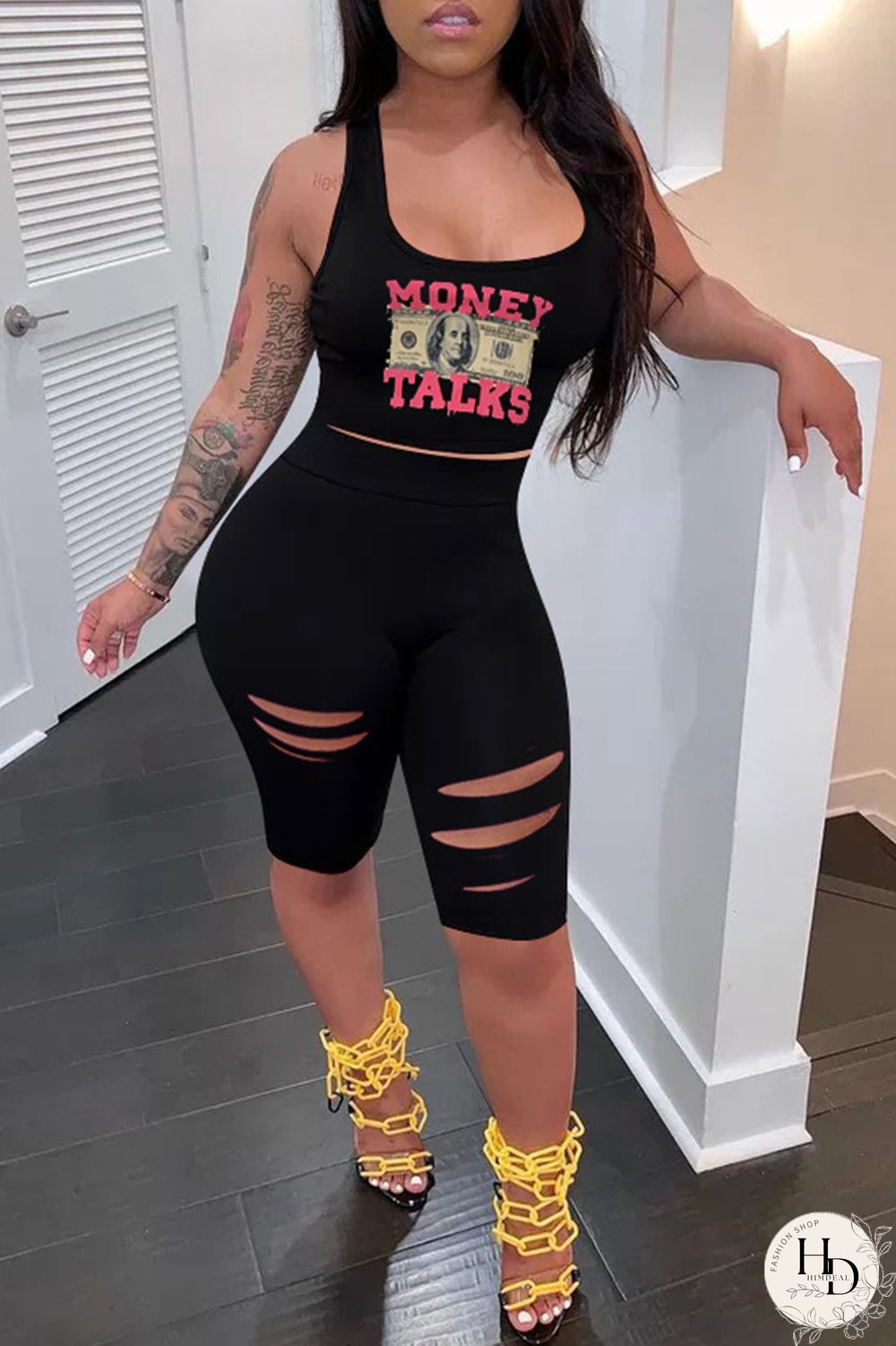 Black Casual Print Ripped U Neck Sleeveless Two Pieces