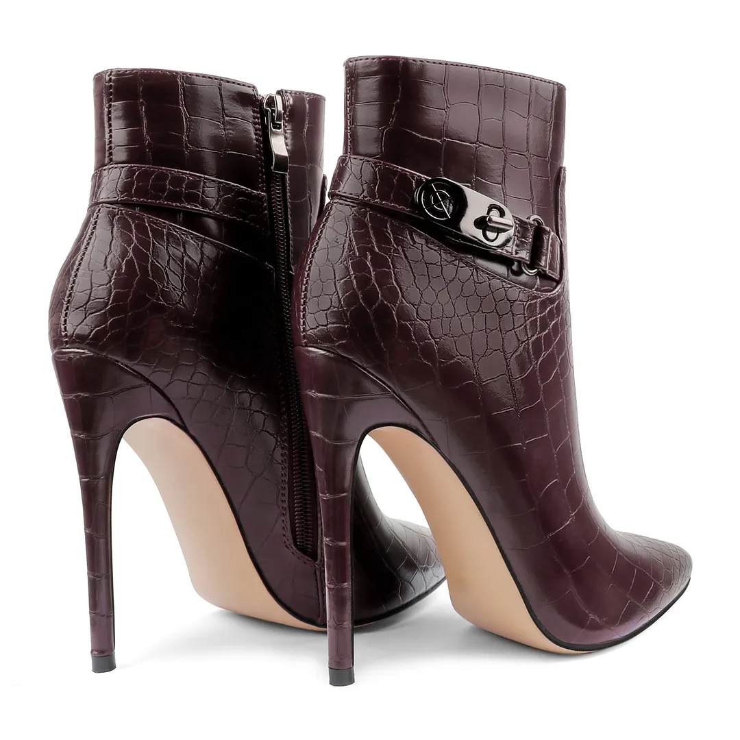 12cm/4.72 inch Pointed Toe Stiletto Crocodile Ankle Booties With Metal Buckle