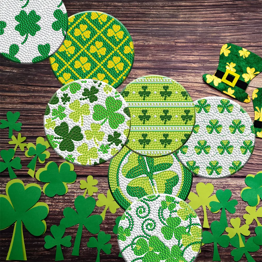 8pcs DIY Saint Patricks Day Wooden Diamond Painting Art Coaster Kit with Holder for Adults Kids