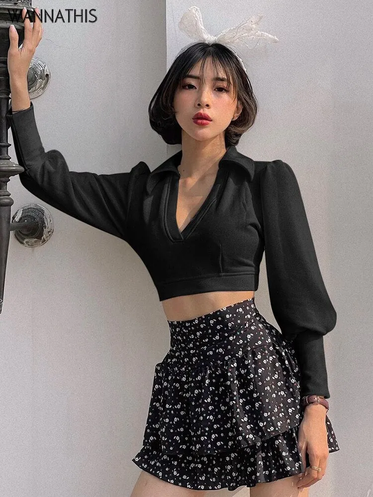 Wannathis Sexy Puff Sleeve Cropped Top For Women Casual Turn Down Collar Streetwear Daily Wear Solid Autumn 2021 Slim Female Tee