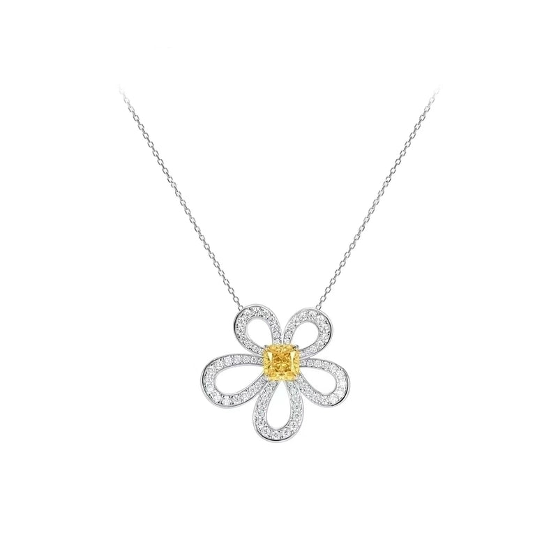 925 Sterling Silver Zircon Cable Chain Inlay Flower Pendant Necklace