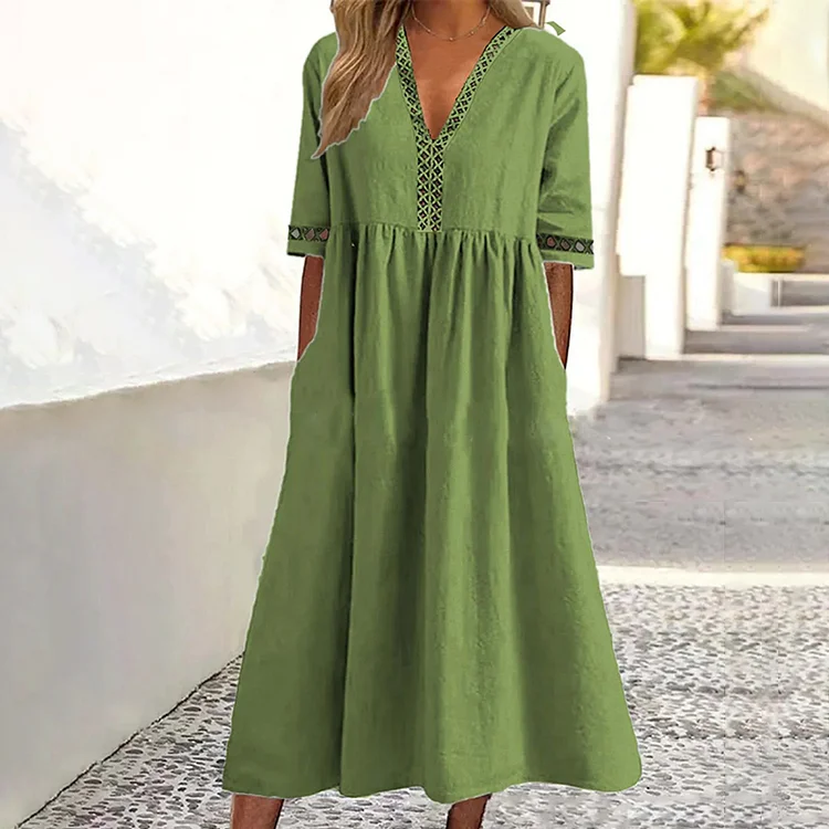 VChics Casual Plain V Neck Hollow Midi Dress