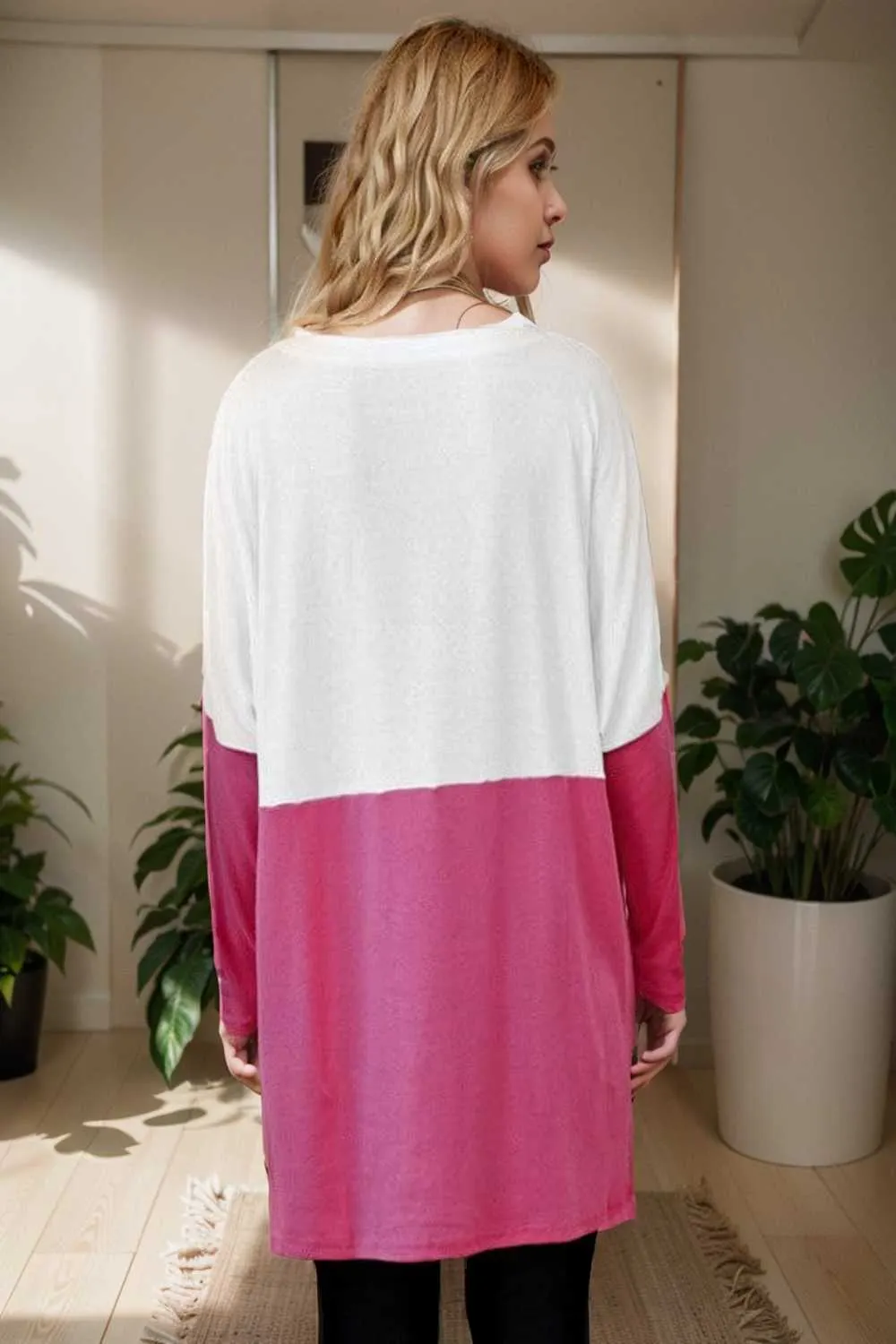 two color stitching pocket loose long sleeve t shirt