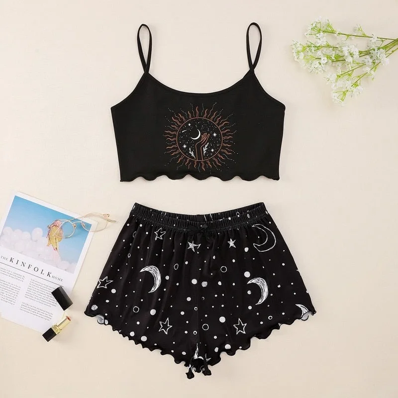 Cute Star Moon Shorts With Tank Tops Pajamas Set SP16155