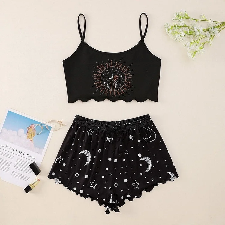 Cute Star Moon Shorts With Tank Tops Pajamas Set SP16155