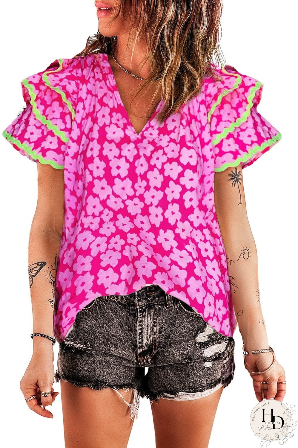 V-Neck Pink Floral Top