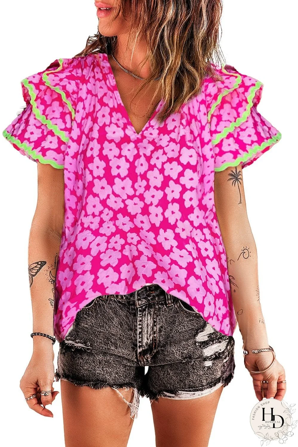 V-Neck Pink Floral Top