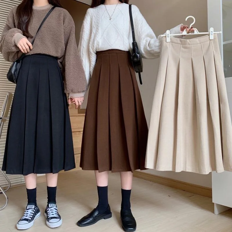 S-2XL Black/Dark Brown/Apricot A-line Brushed High Waist Pleated Skirt BE612