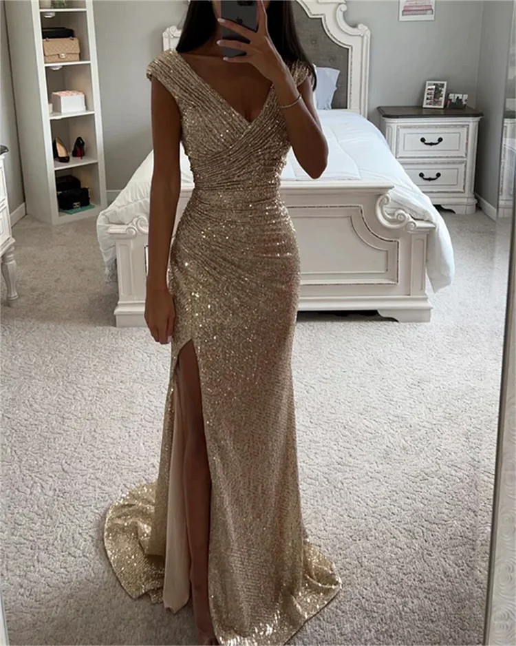 Women's Champagne Slit V-neck Sequined Dress
