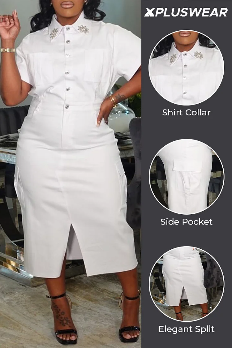 Plus Size Business Casual White Shirt Collar Short Sleeve Pocket Split Midi Dresses