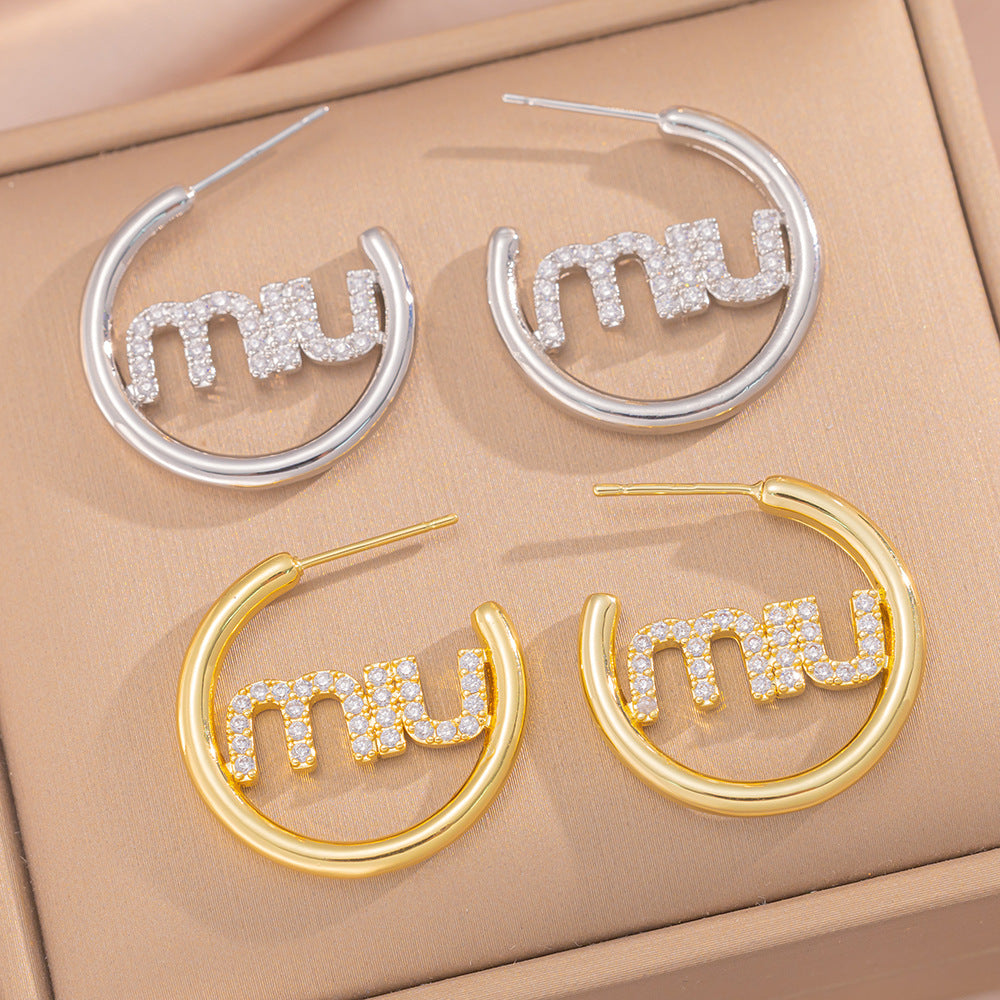 Miaojia/Mjia Small Rhinestone Earrings For Women M Letter Circle Sweet And Fashionable Earrings