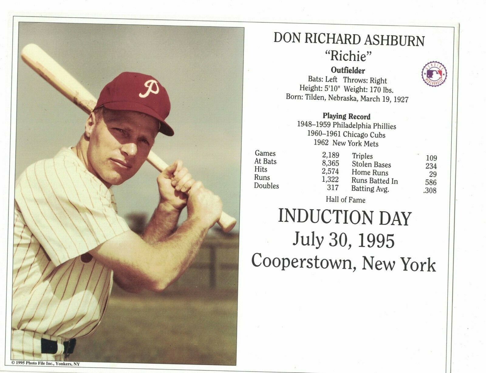 1995 Richie Ashburn Philadelphia Phillies HOF Induction Day Photo Poster painting Card AO88