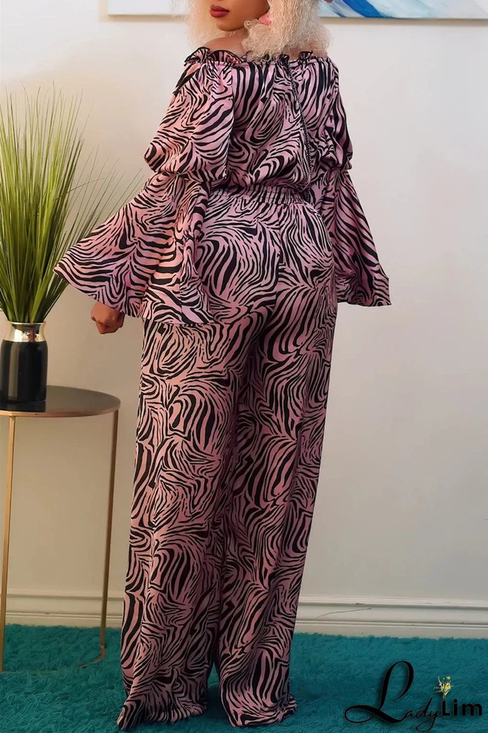 Pink Purple Fashion Casual Print Split Joint Off the Shoulder Long Sleeve Two Pieces