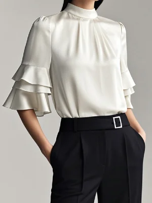 Image of Split-Joint Solid Color Pleated Layered Ruffle Sleeves Loose Mock Neck Blouses&Shirts Tops