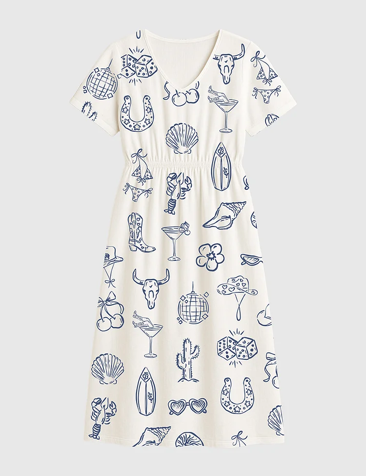 Women's Cowgirl Coastal Bachelorette Hand Drawn Whimsical Short Sleeve Dress
