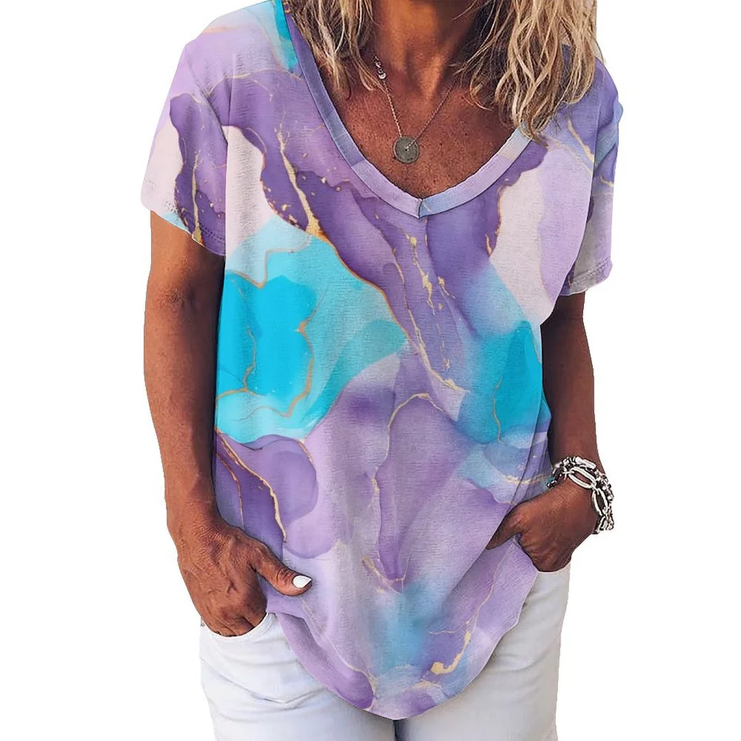 V-neck Short Sleeve Casual T-shirt for  Women Printed with Pattern Marble, Purple, Blue