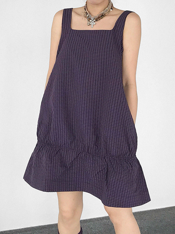 Straps Plaid Sleeveless Side Pocket Loose Mini Dress