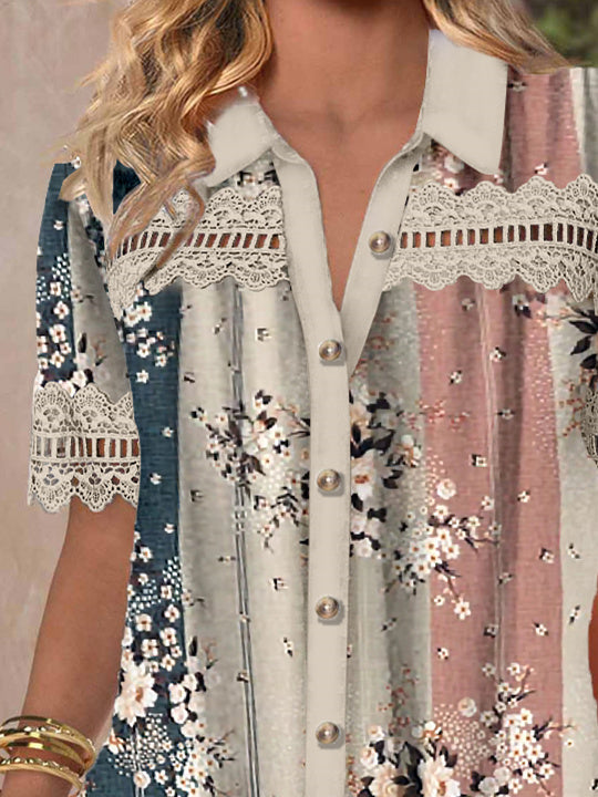 Women's Short Sleeve V-neck Lace Stitching Hollow Graphic Top