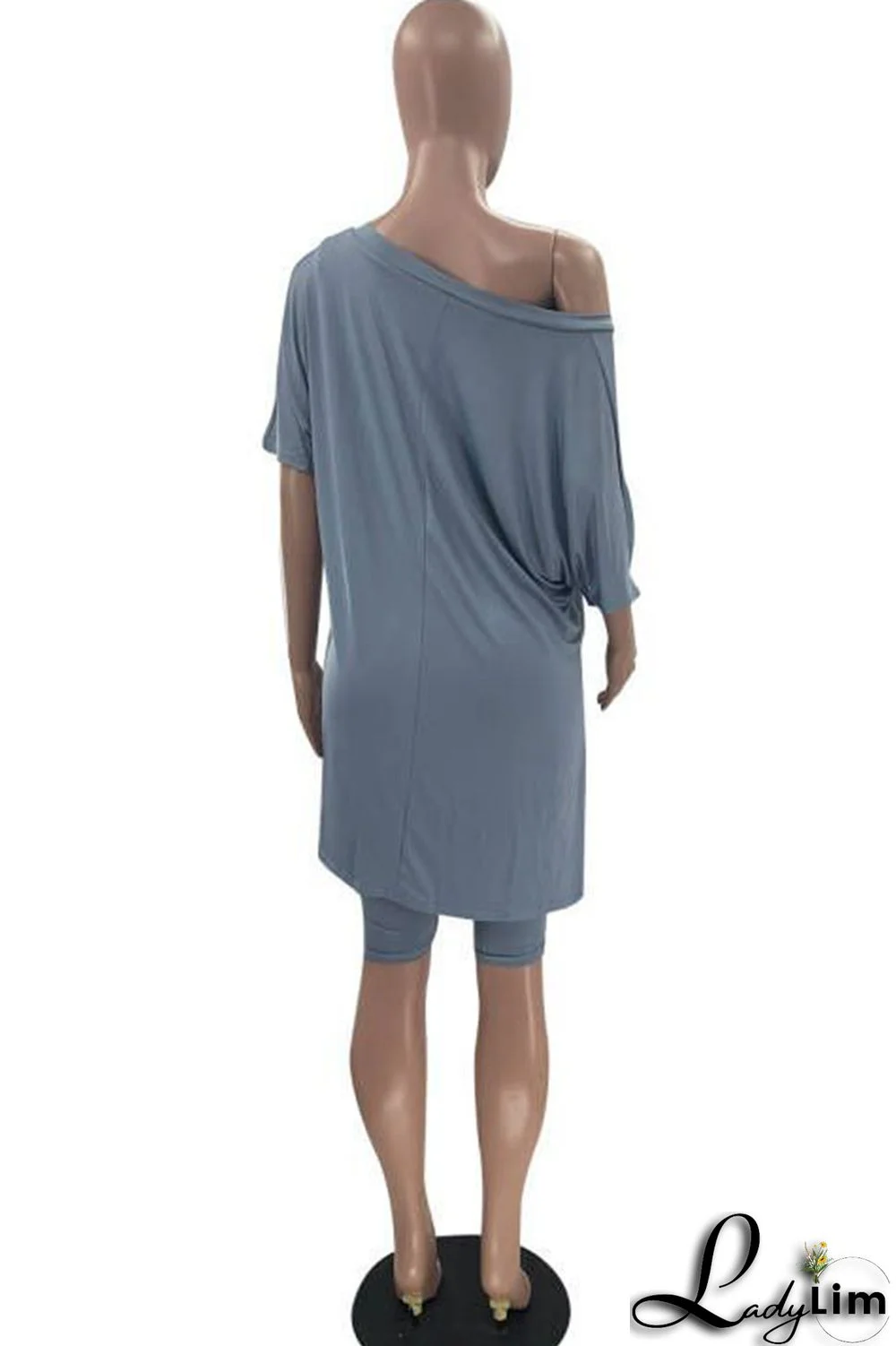 Grey Casual Solid Split Joint V Neck Short Sleeve Two Pieces