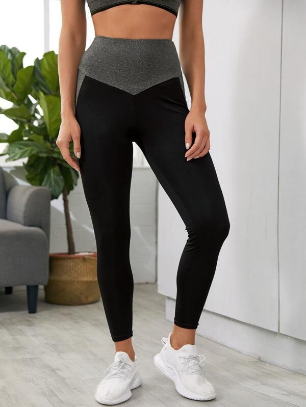 Contrast Panel Wide Waistband Sports Leggings