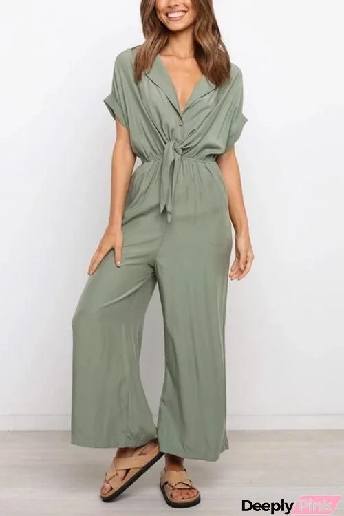 V Neck Knot Waist Jumpsuits