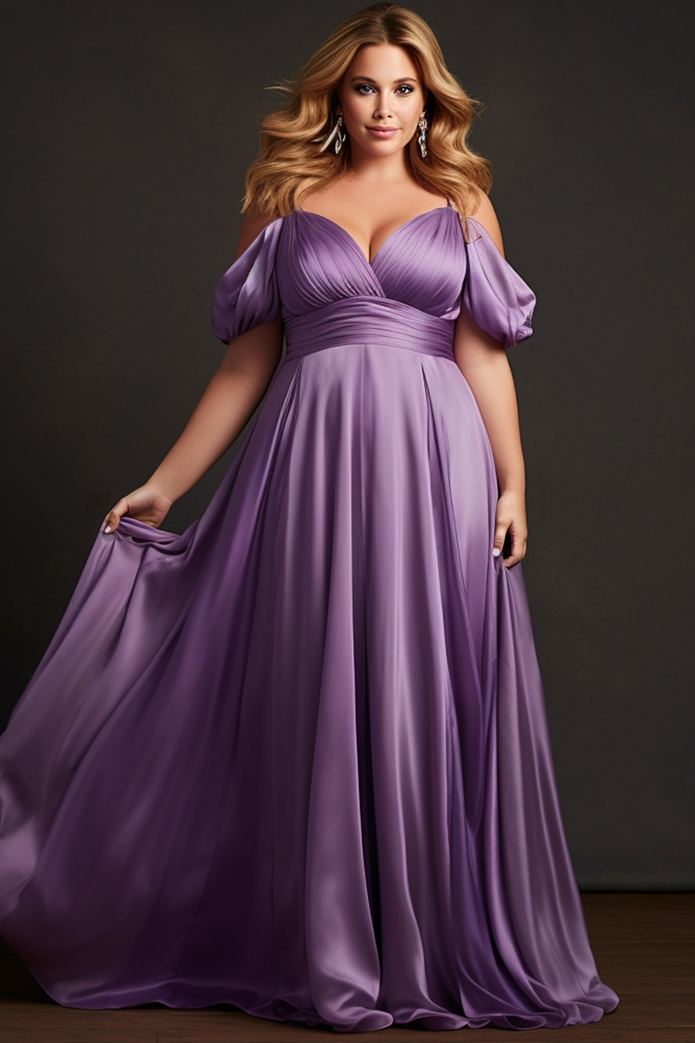 Flycurvy Plus Size Wedding Guest Royal Purple Satin Deep V Neck Empire Waist Maxi Dress