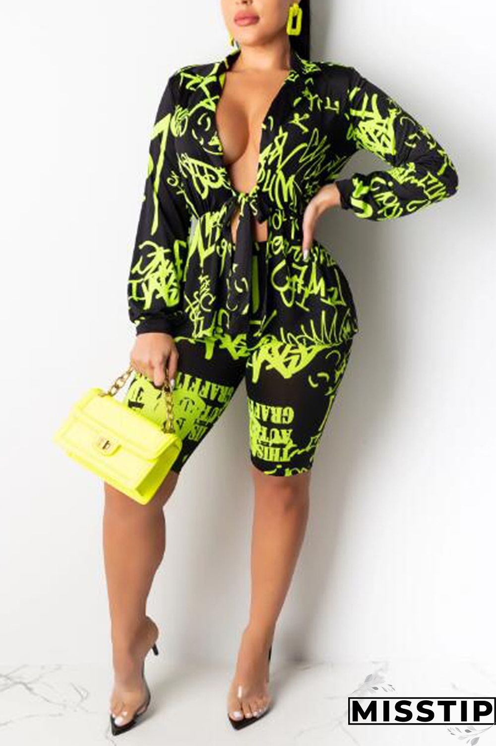 Green Sexy Print Long Sleeve Two-Piece Suit