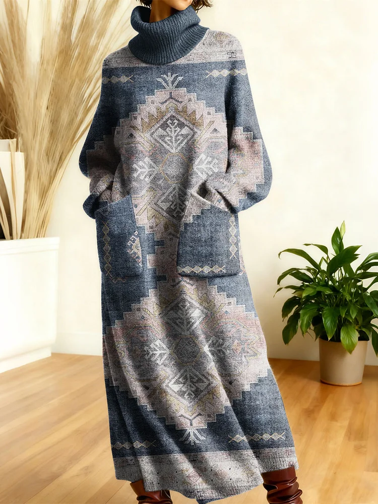 Women's Retro Geometric Patchwork High-neck Long-sleeve Casual Loose Knit Dress