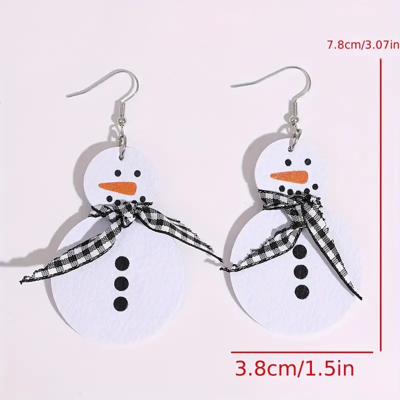 1 pair vintage style christmas snowman dangle earrings pu leather drop earrings with iron posts festive holiday accessory for daily wear white snowman design with   plaid bow and   nose   xmas celebrations and winter outfits christmas earrings 1