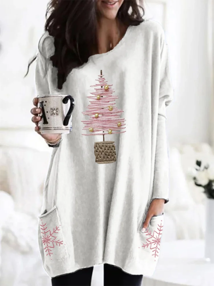 Pink Christmas Tree & Snowflakes Embroidery Cozy Tunic