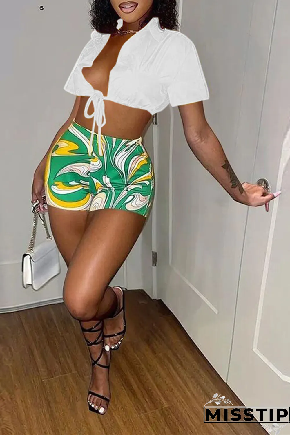 White Sexy Patchwork Patchwork Turndown Collar Short Sleeve Two Pieces