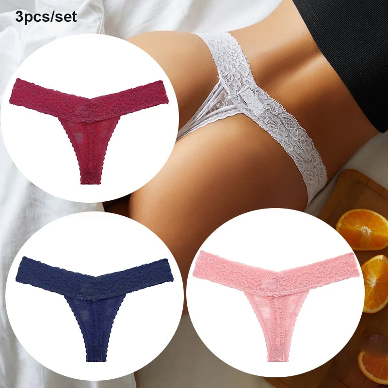 FINETOO 3PCS/Set Women Lace Sexy G-string Perspective Lingerie Temptation Panties Thong Underwear Panty Female Intimates M-XL