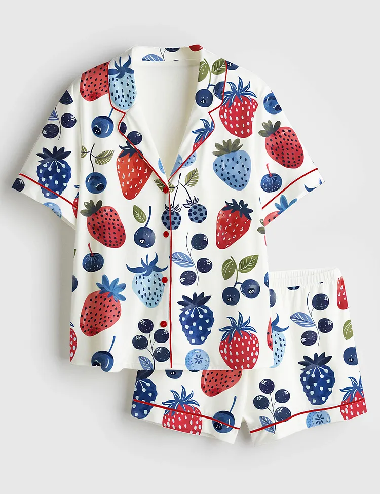 Women&rsquo;s Strawberry Cottagecore Summer Blueberry The 4th Of July Short Sleeve Satin Pajama Set