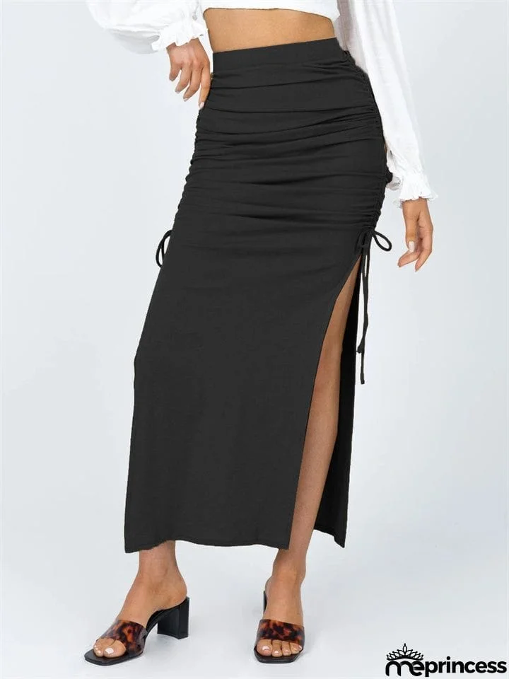 Sexy Solid Color Slim Drawstring Split Skirts