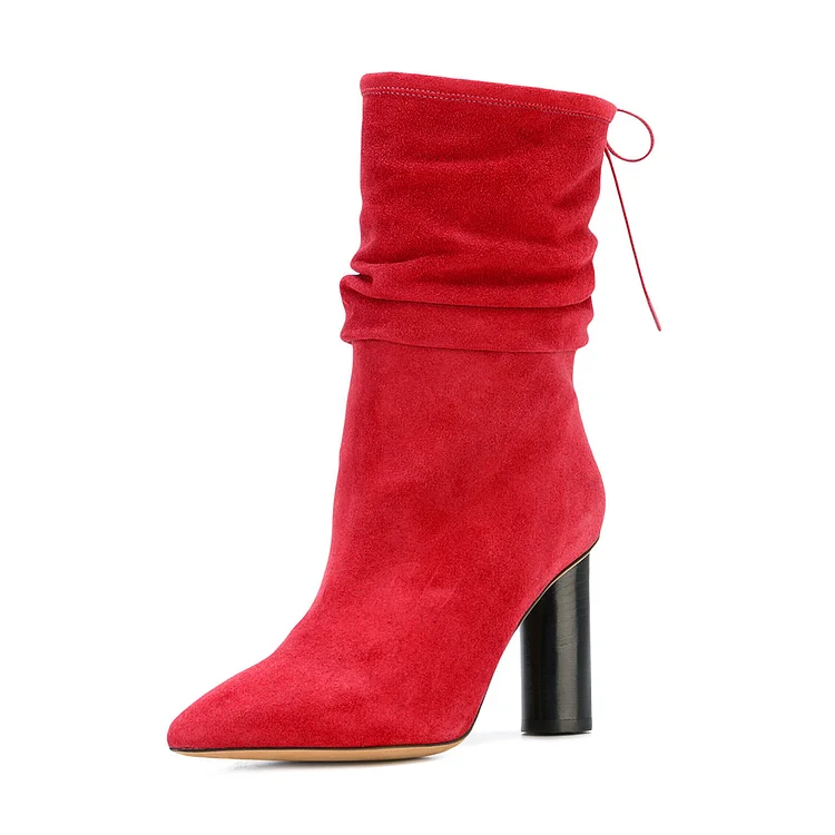 Red Slouch Boots Vegan Suede Pointy Toe Block Heel Mid-calf Boots |FSJ Shoes