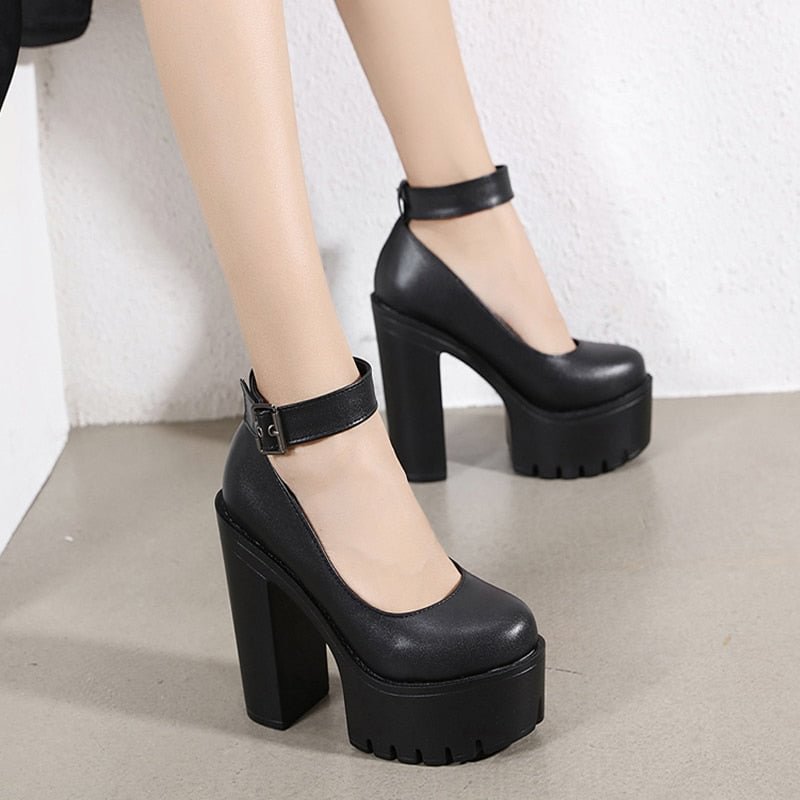 Gdgydh Spring Autumn Womens Chunky Block High Heel Platform Shoes Ankle Strap Buckle Pumps Gothic Punk Shoes For Model Nightclub