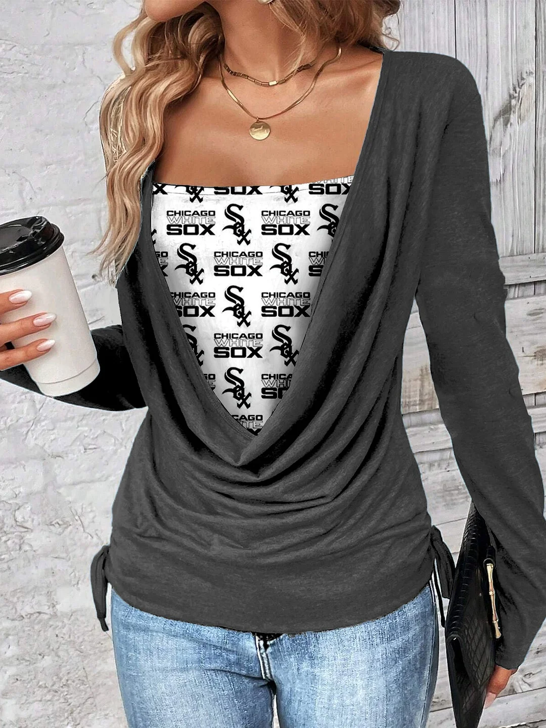 Contrast draped side drawstring T-shirt