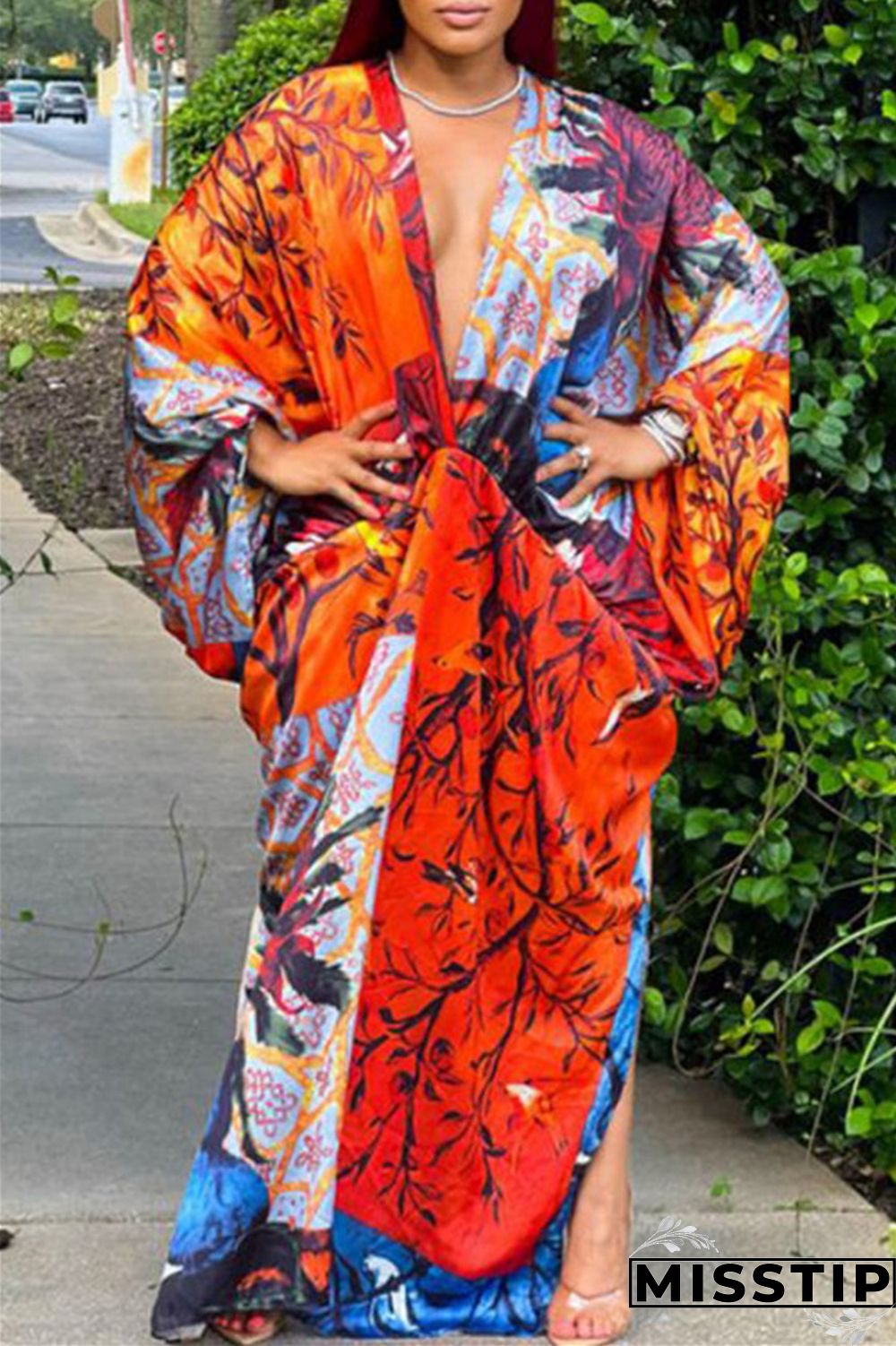 Red Gray Casual Print Patchwork V Neck Irregular Dress Plus Size Dresses