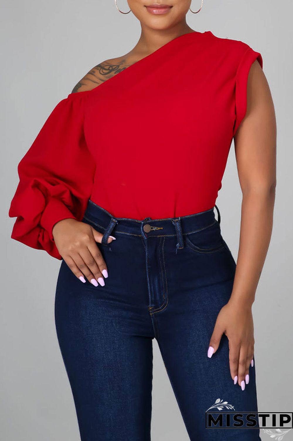 Red Fashion Casual Solid Patchwork Asymmetrical Oblique Collar Tops