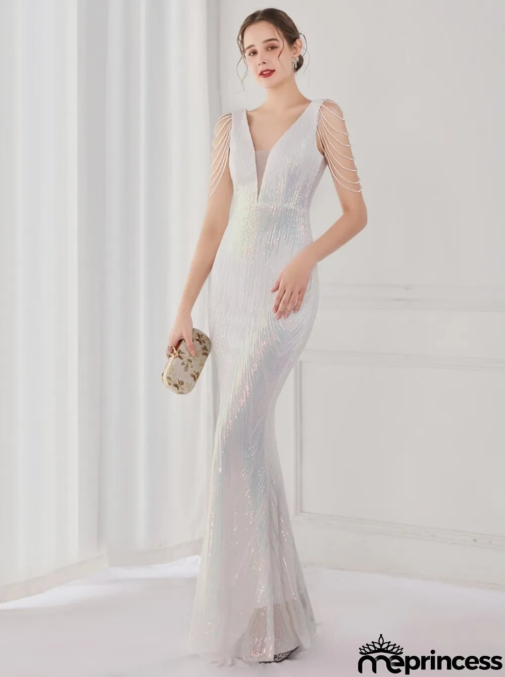 Spring Elegant White Bling Sequins V Neck Tassel Gradient Mermaid Evening Dress
