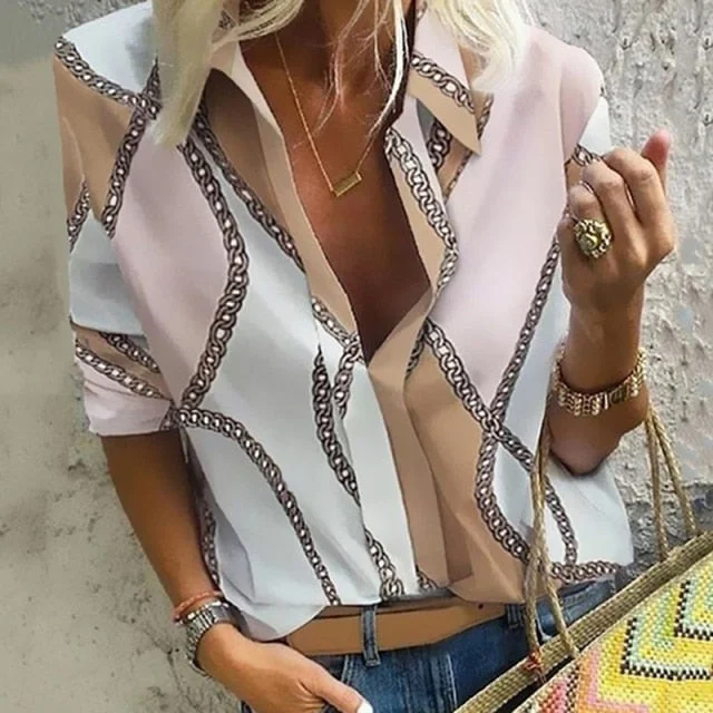 Long Sleeve Casual Shirts Turn-down Collar Printed Blouses