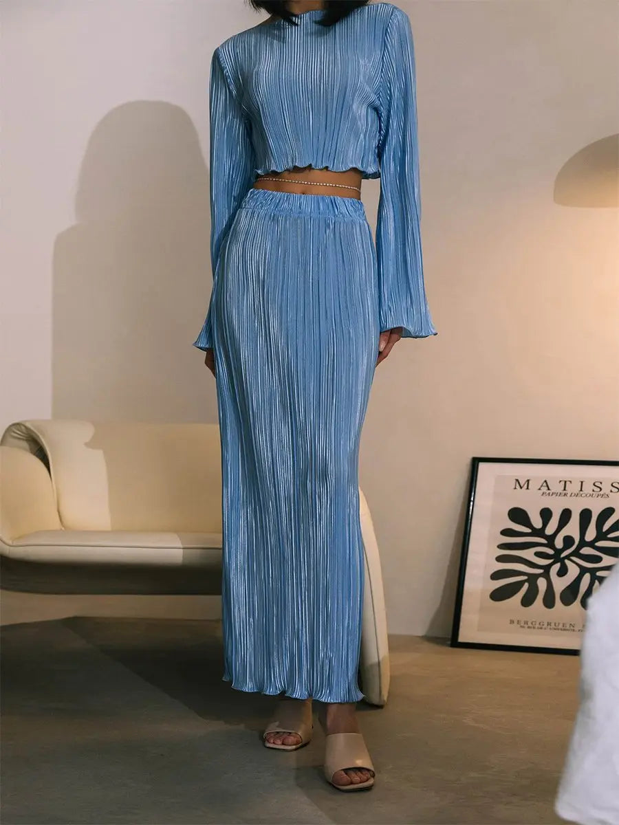 Long Sleeve Pleated Skirts Two-Pieces Sets