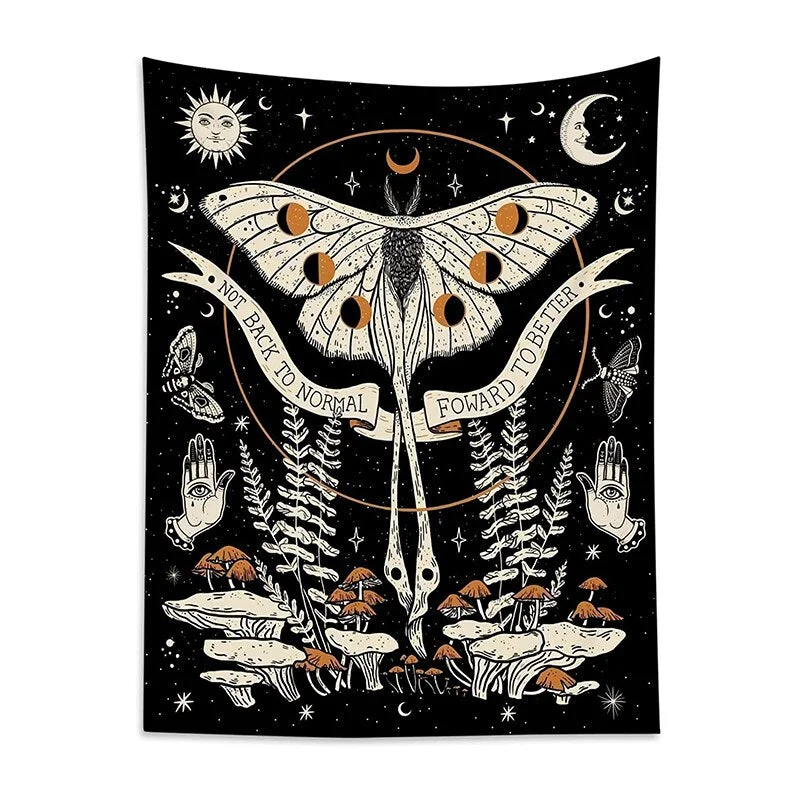 Floral Moon Tapestry Mushroom Trippy Moth Wall Hanging Moon Phase Celestial Star Tapestries Room Bedspread Throw Cover Decor