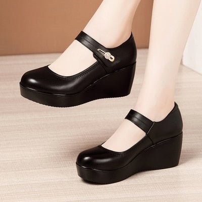 GKTINOO 2021 Spring Leather Shoes Women Platform Wedges Shoe High Heels Round Toe Comfortable Black Women Pumps Large Size 33-43