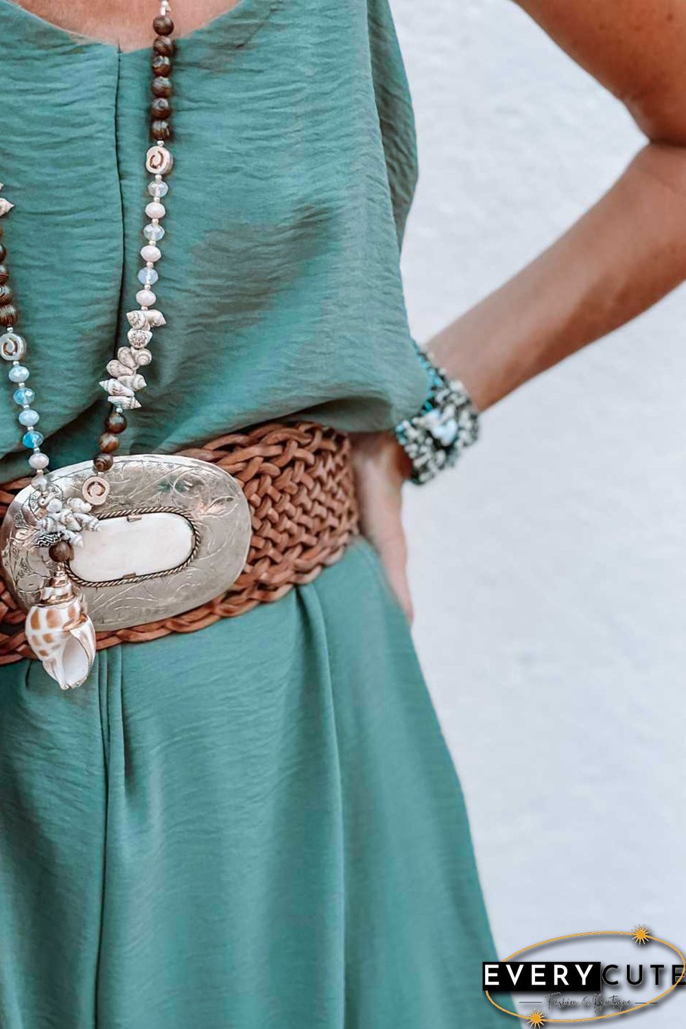 Green Solid Color Spaghetti Straps Wide Leg Jumpsuit