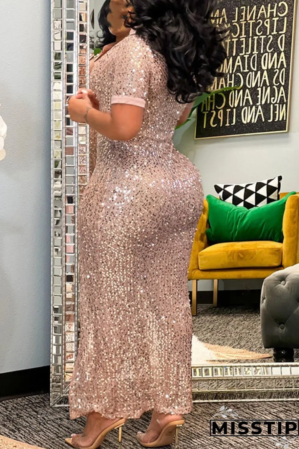 Champagne Sexy Patchwork Sequins Slit Turndown Collar Short Sleeve Dress Dresses