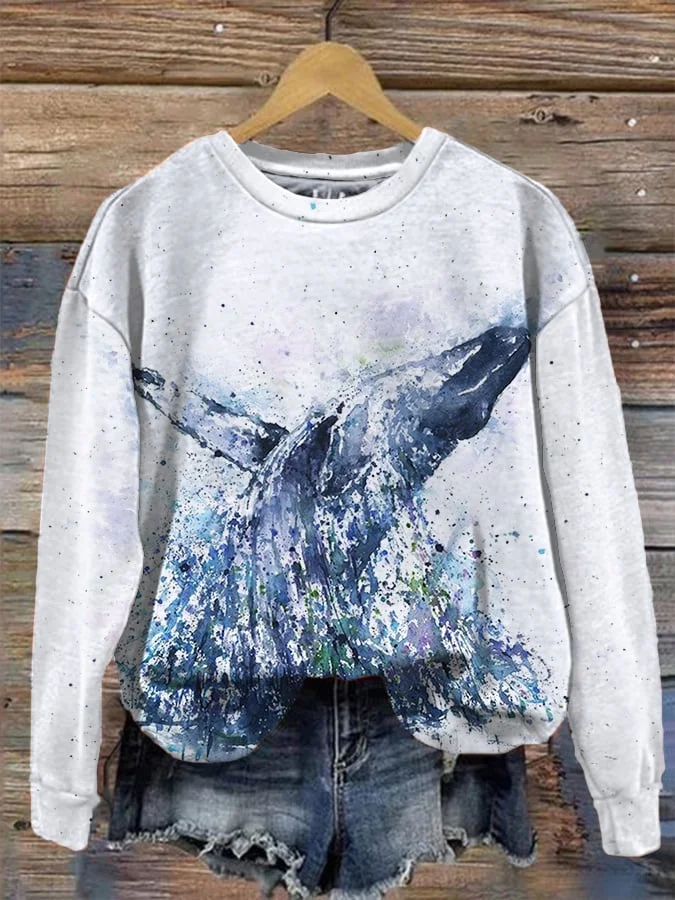 Women's Humpback Whale Watercolor Painting Printed Casual Sweatshirt