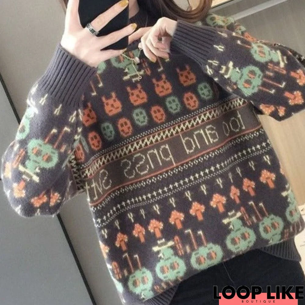 Fashion Black-Green Floral Cotton-Blend Long Sleeve Sweater